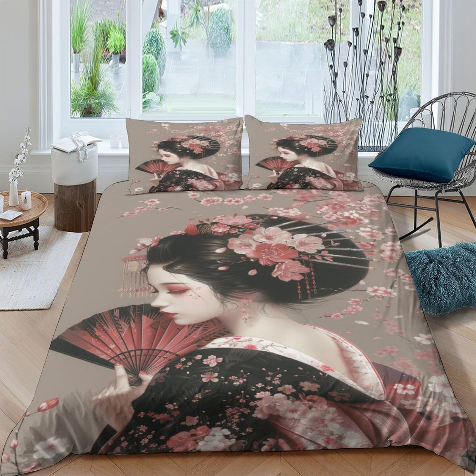 Ctjqhvkz Style-2 3D Printed Geisha Blossom Fitted Sheet Microfiber Soft Touch Japanese Fan Mattress Cover For Bedroom Decor, Easy Care Single（135X200cm）