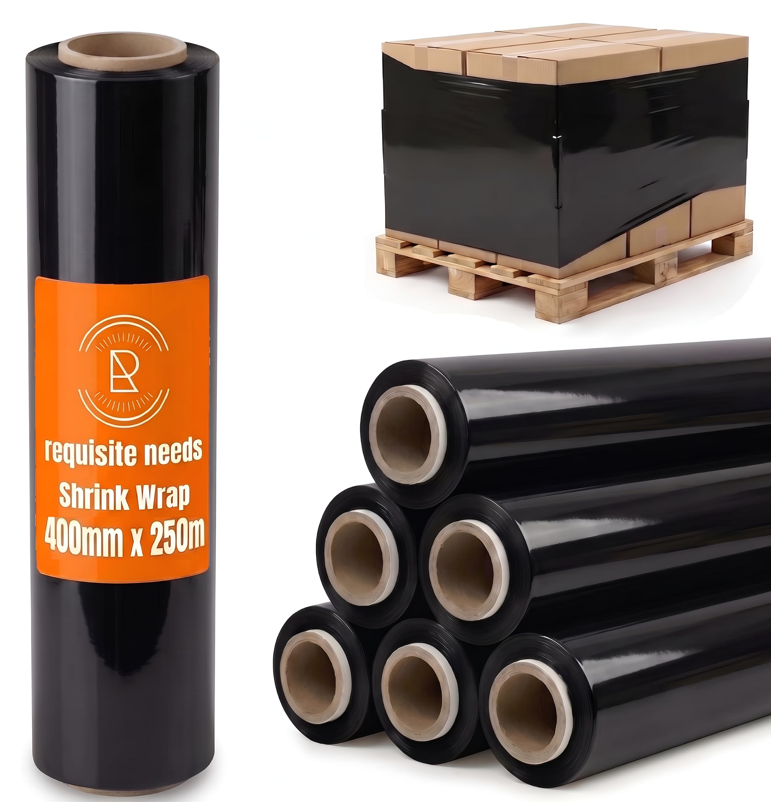 REQUISITE NEEDS Heavy Duty Stretch Film 400mm x 250m – Waterproof & Moisture Proof Pallet Wrap for Packaging, Moving & Storage (Black, 6)