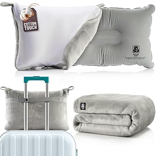 Travel Blanket and Pillow Set — Airplane Blanket with Inflatable Pillow and Cotton Pillowcase, Travel Blanket Combo with Back-Neck Snaps for Long Flights - Amazon product rated Grade A