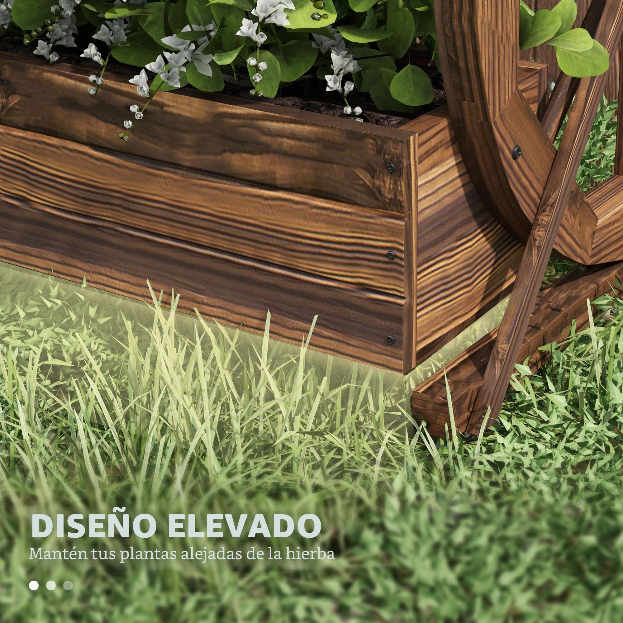 Outsunny Jardinera de Madera para Exterior de 2 Niveles, Huerto Elevado con 2 Macetas y Ruedas de Carreta Estilo Campestre, 55x32x56cm