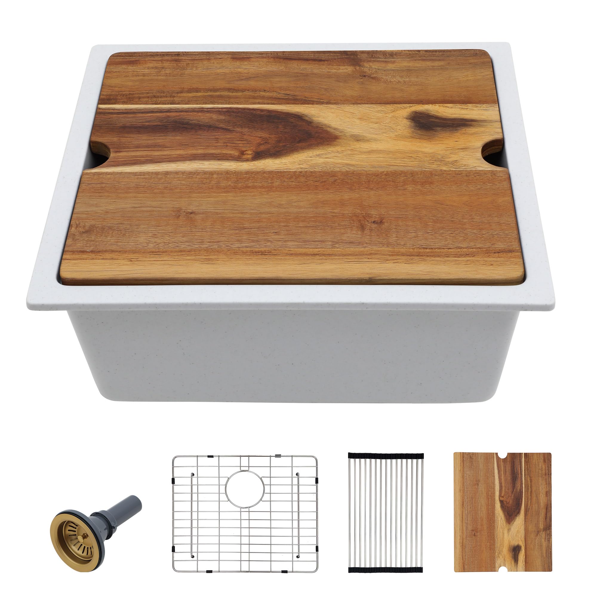 21"x18" Undermount Wet Bar Sink Workstation - White Granite Composite Quartz Classic Single Bowl Under Counter Small Kitchen Bar Prep RV Sink Basin