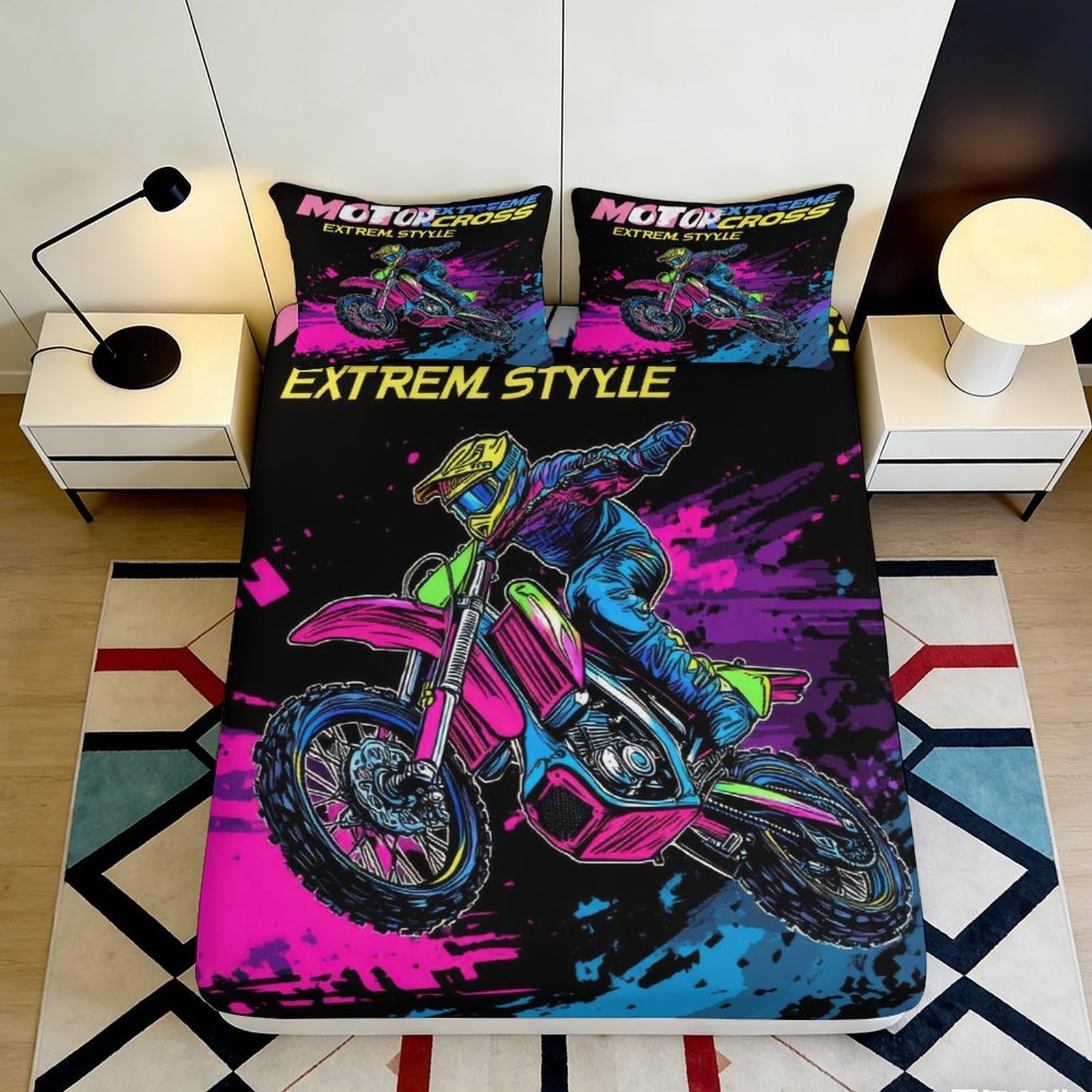 3D Printed Neon Motocross Fitted Sheet Microfiber Soft Breathable Graffiti Bed Cover for Bedroom Dorm Decor 90x200x25cm
