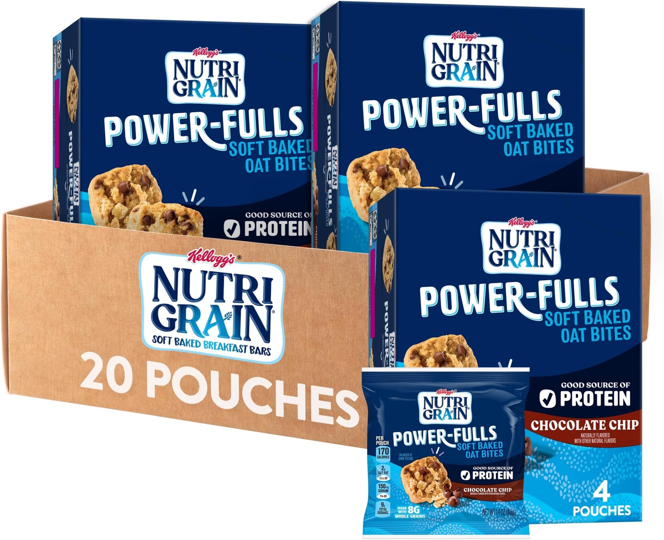 Nutri-Grain Power-Fulls Soft Baked Oat Bites, Protein Snacks, Whole Grain, Chocolate Chip (5 Boxes, 20 Pouches)
