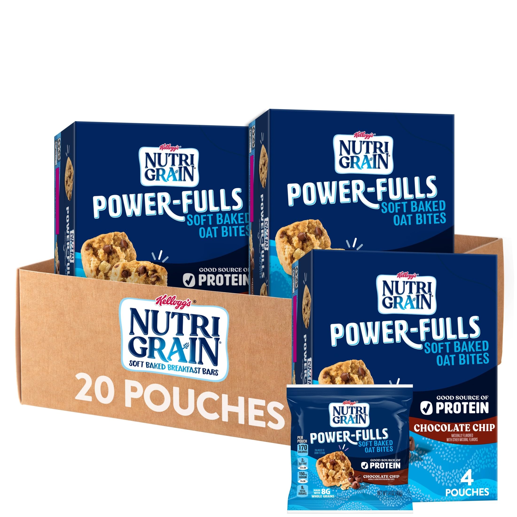 Nutri-Grain Power-Fulls Soft Baked Oat Bites, Protein Snacks, Vollkorn, Schokoladenstückchen (5 Boxen, 20 Beutel)