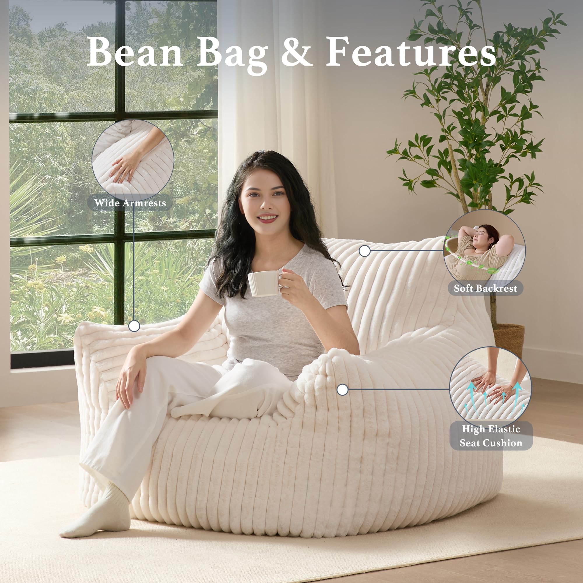Puf gigante de felpa para adultos con reposabrazos, cómodo puf beige de gran tamaño para sala de estar, dormitorio y dormitorio, mini sofá acogedor y esponjoso de nube individual