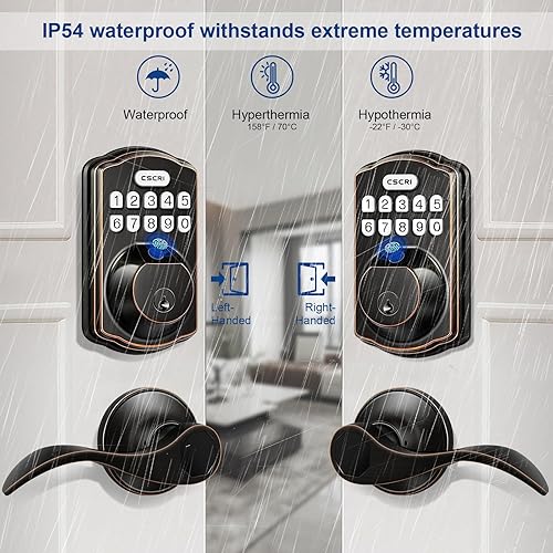 Miniatura 9 de CSCRI Juego de cerradura de puerta de huellas dactilares con 2 manijas de palanca, cerradura de puerta de entrada sin llave, juegos de manijas de