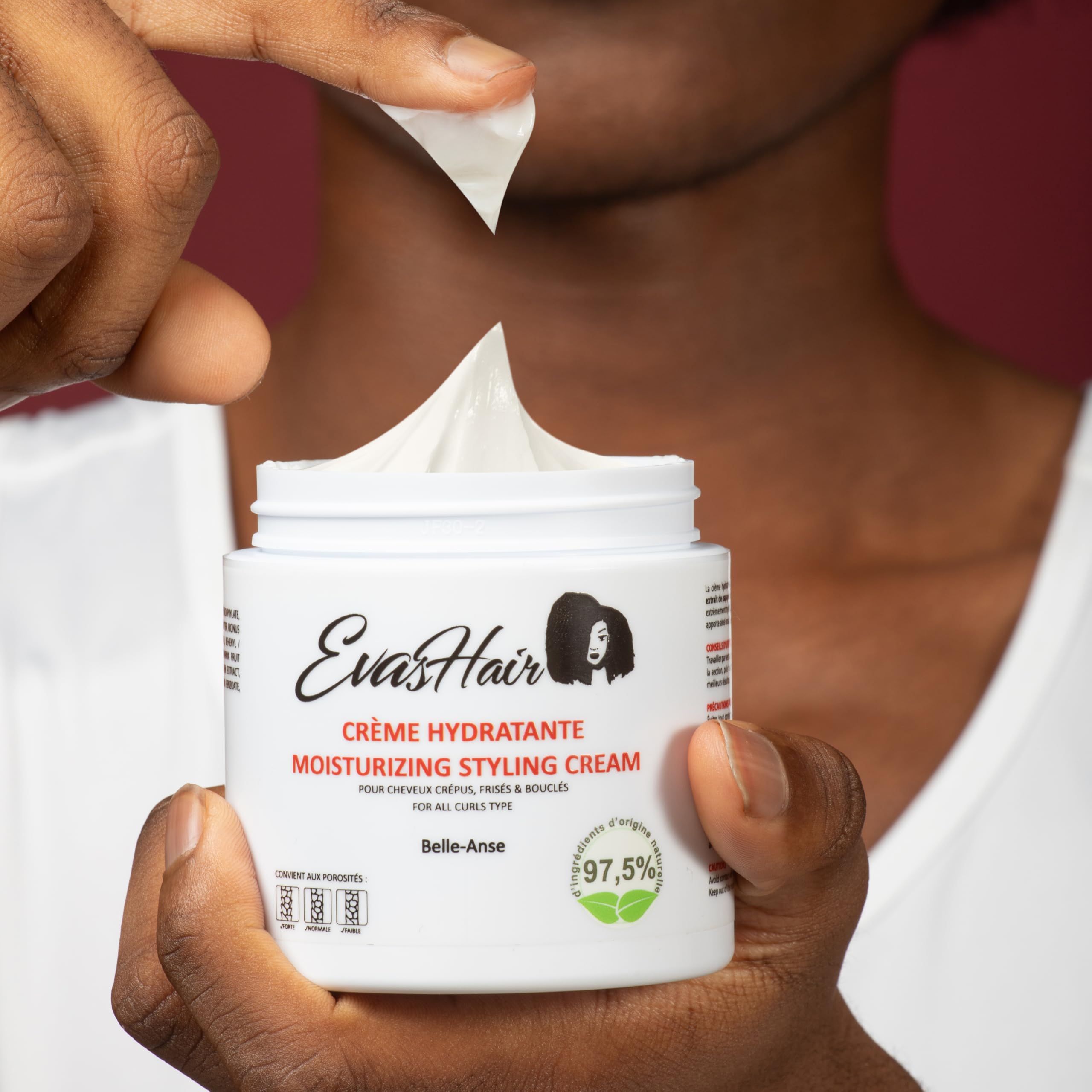 EvasHair - Belle-Anse - Crème Hydratante de Coiffage - Sans Rinçage - Souplesse & Éclat - Cheveux Crépus, Frisés, Bouclés - 97,5% d'Origine Naturelle - Fabriqué en France - 250ml