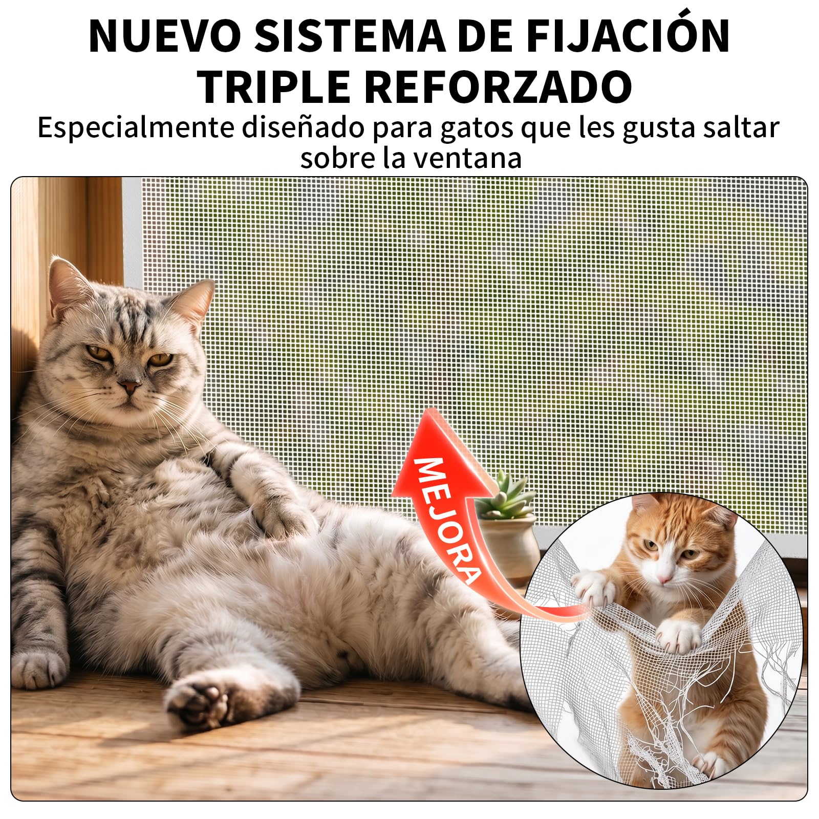 BKSAI Mosquitera Ventana para Gatos, Red Anticaída Adhesiva sin Taladrar, Malla Recortable Resistente a Arañazos, Protección Mascotas para Ventana - 130x150 CM Blanco Roto