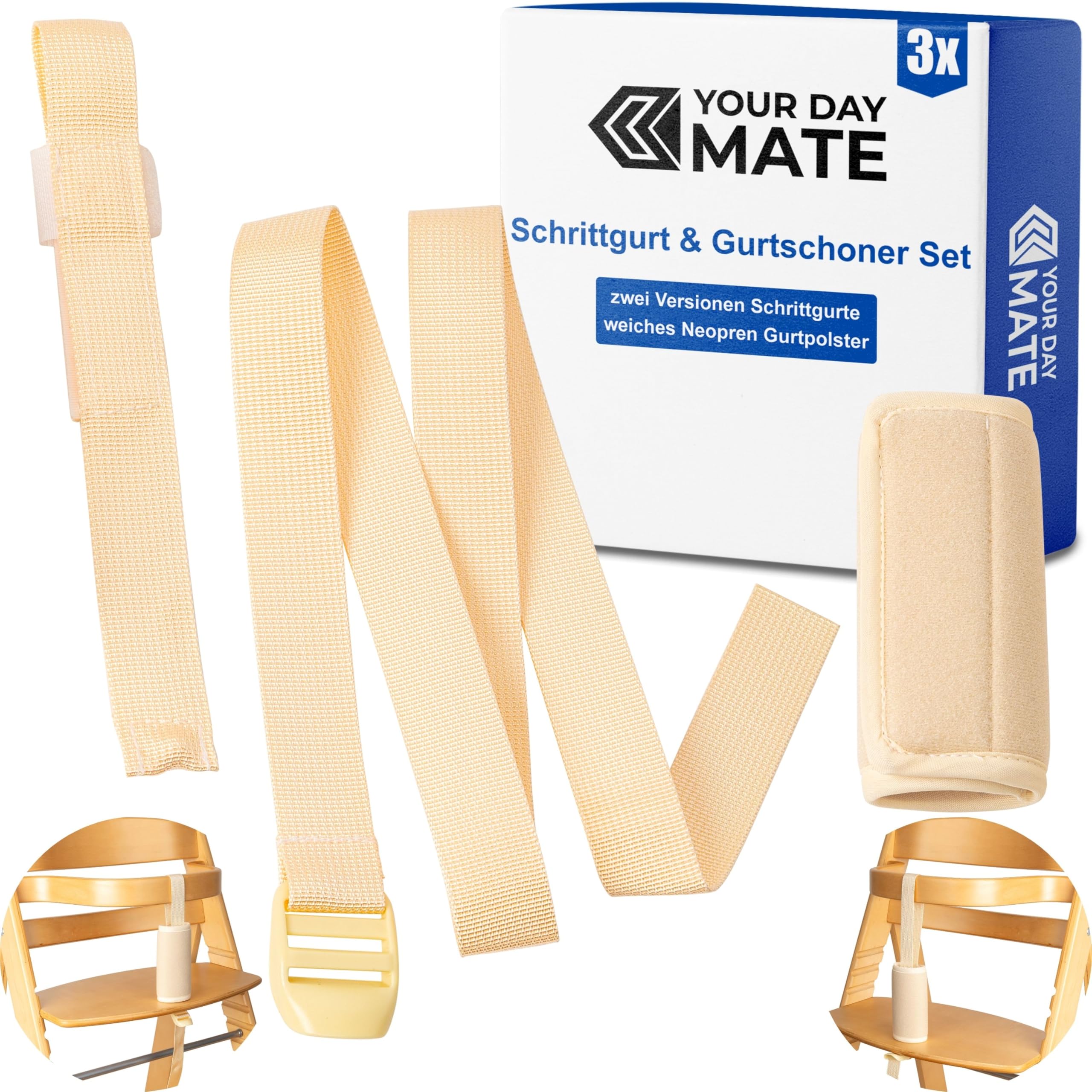 Schrittgurt mit Gurtschoner Set für Hochstuhl, 3 Pack, in Beige, zwei Gurtriemen kompatibel mit Hauck Alpha Beta, Stokke Tripp Trapp, roba, Kinderkraft, usw., weiches Neopren Gurtpolster Kinderstuhl