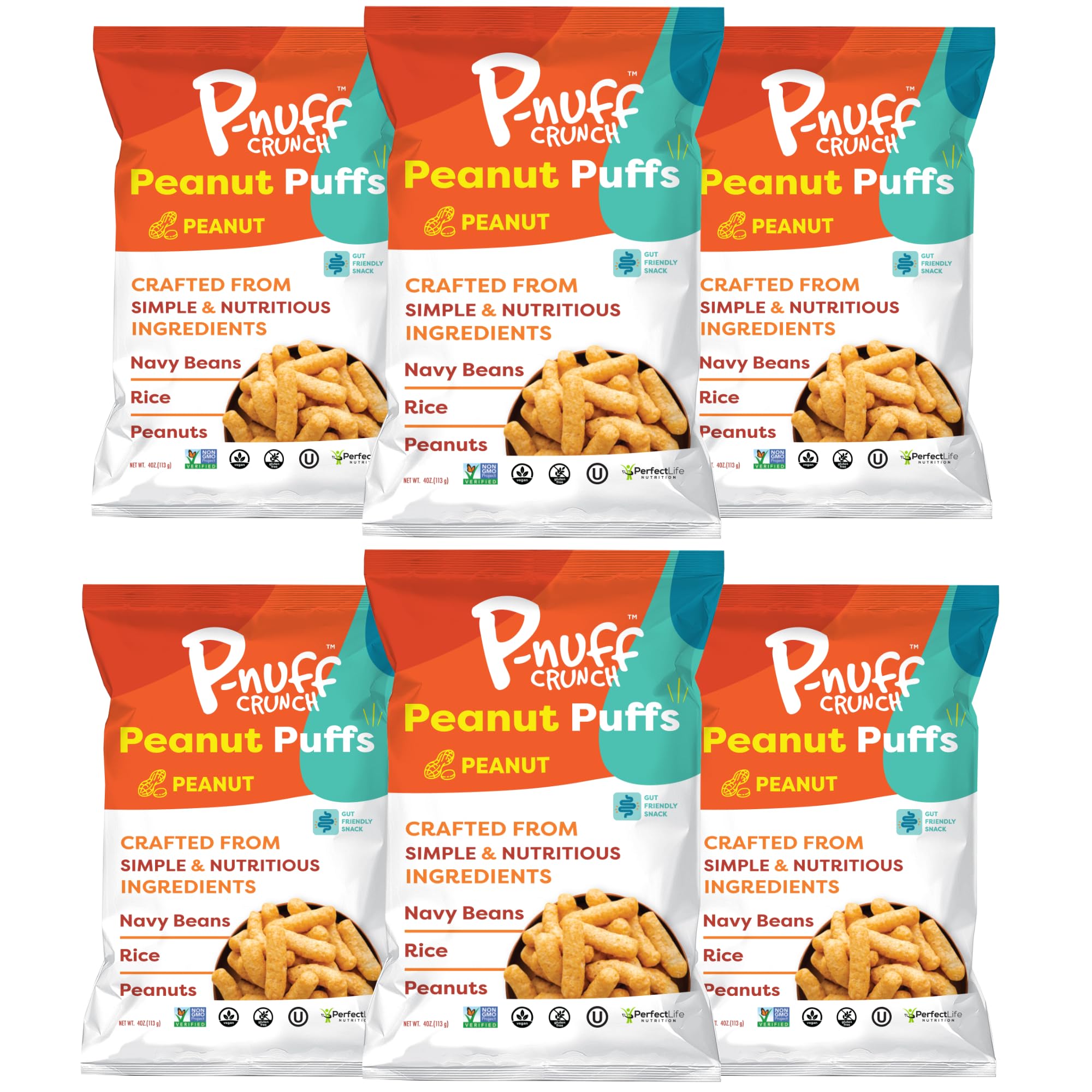 Pnuff Crunch Peanut Butter Puffs - Healthy Snacks, Low Calorie Snacks, Gluten Free Snacks, Vegan, High Protein, Keto, Office Snacks, Low Sugar, as Seen on Shark Tank - Original, 4 Oz Bag (Pack of 6)