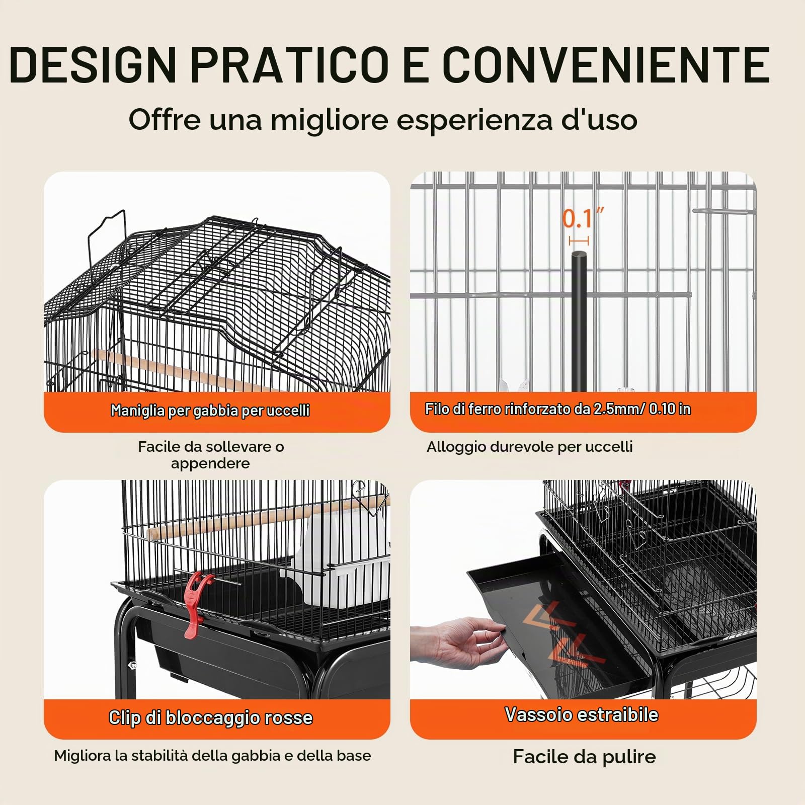 VEVOR Grande Gabbia per Uccelli, 45,7 x 35,5 x 151 cm Gabbia per Parrocchetti con Parte Superiore Aperta, Supporto Mobile, 4 Trespoli, Gabbia per Calopsitte, Giocattolo per Animali Domestici, Nero