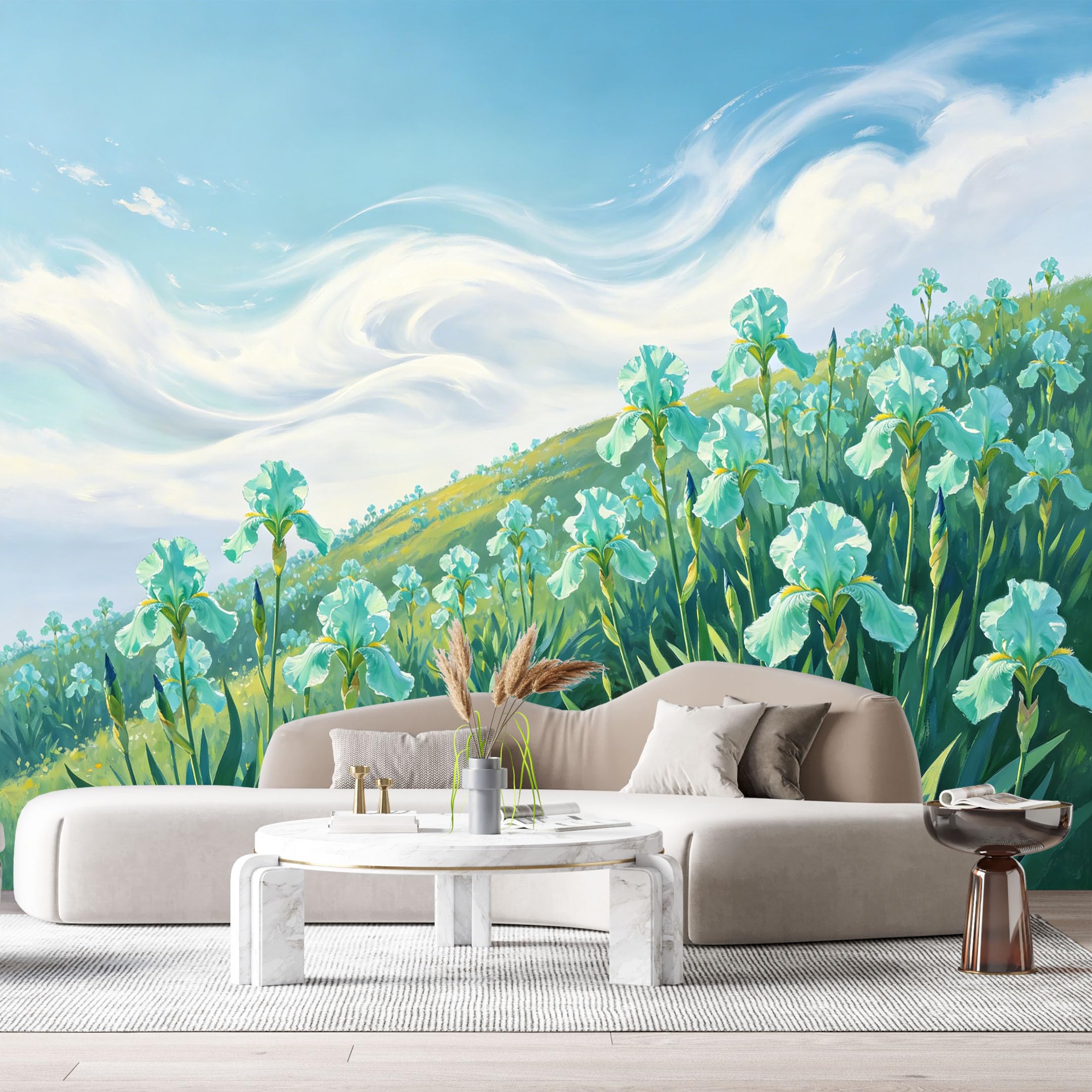 Custom Size Wall Murals Botanical Iris Flower Watercolor Landscape Clouds Hillside SelfAdhesive Wall Fabric Removable Large Wallpaper for Photo Living Room