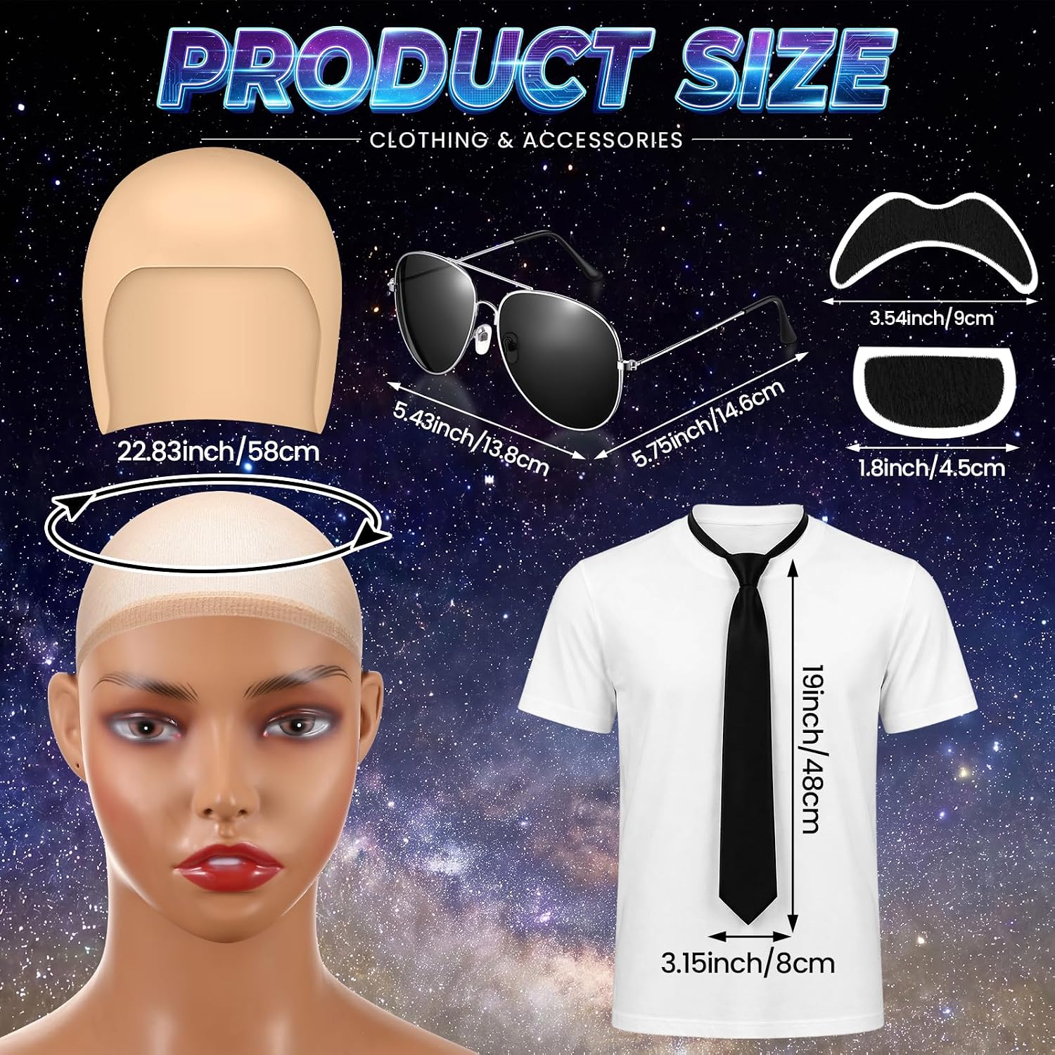 Mepase 9 Pcs Smooth Bald Caps Set with White Shirt Glasses Tie Mustache for Men Women Adults Halloween Cosplay Party Costume