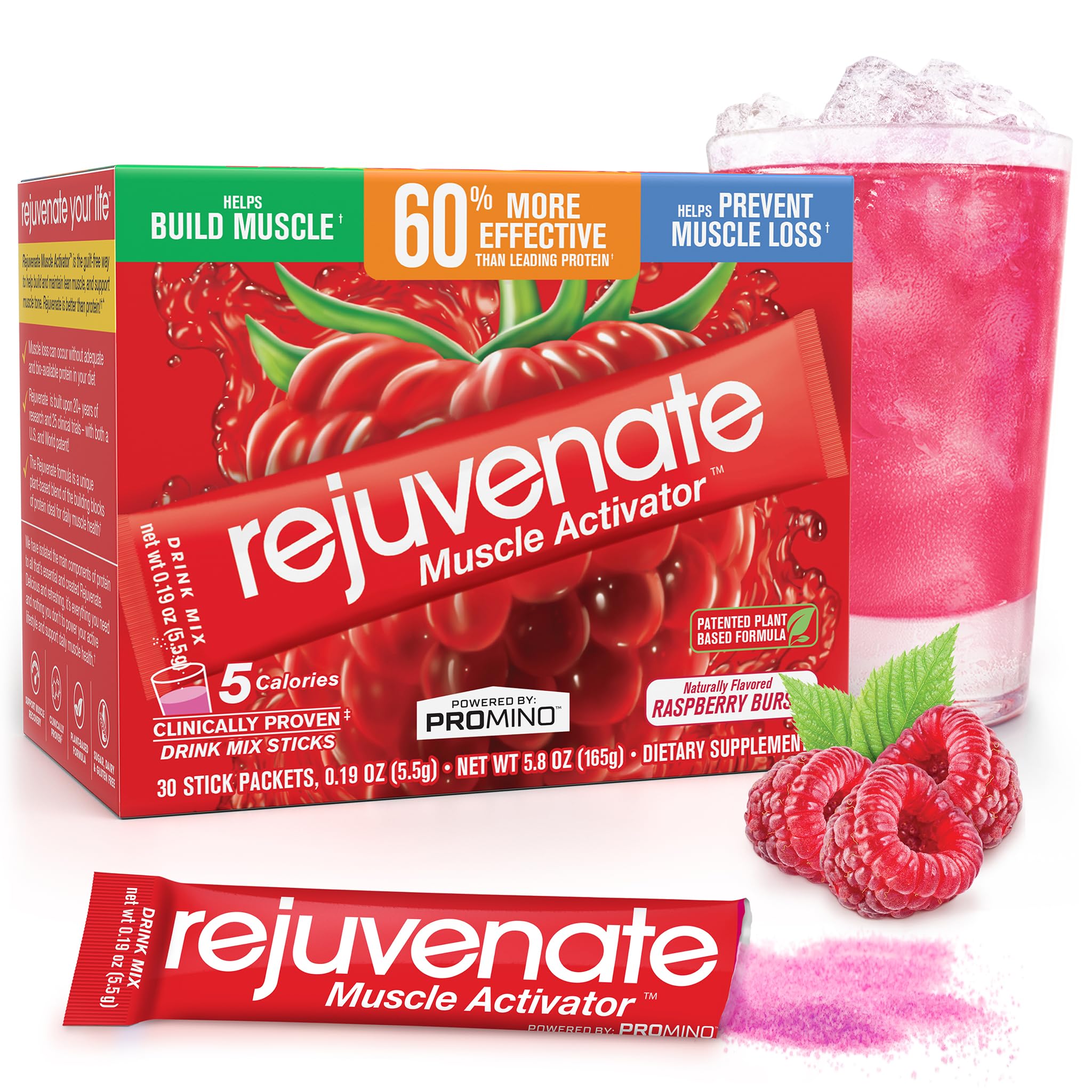 Rejuvenate Muscle Growth + Energy, Perfect Amino Blend (BCAA + EAA), 1 Stick = 40g Whey Protein Equivalency, 11x Better Than Whey Protein, GLP-1 + Bariatric Approved*, Raspberry Burst, 30 Count