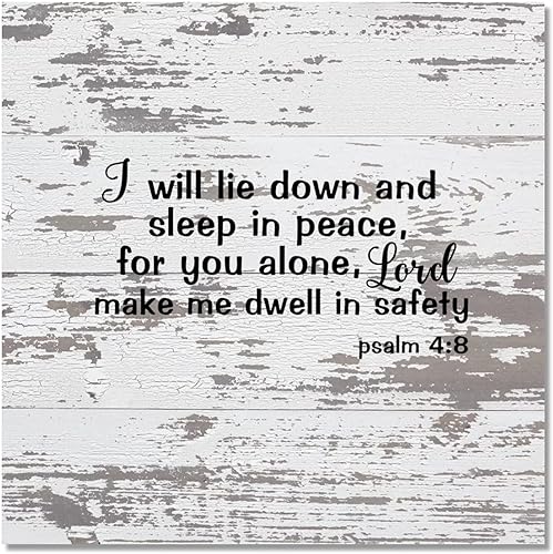 Arte de pared de madera de estilo retro rústico para decoración de dormitorio, versículo bíblico I Will Lie Down and Sleep in Peace for You Alone