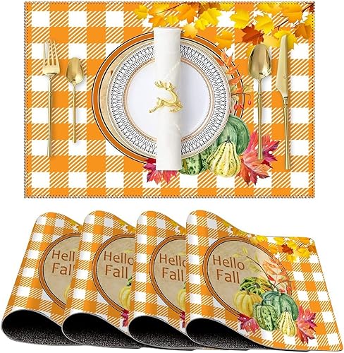 Juego de 4 manteles individuales rústicos con texto en inglés "Hello Autumn Love Fall Y'all", manteles individuales reversibles antideslizantes para