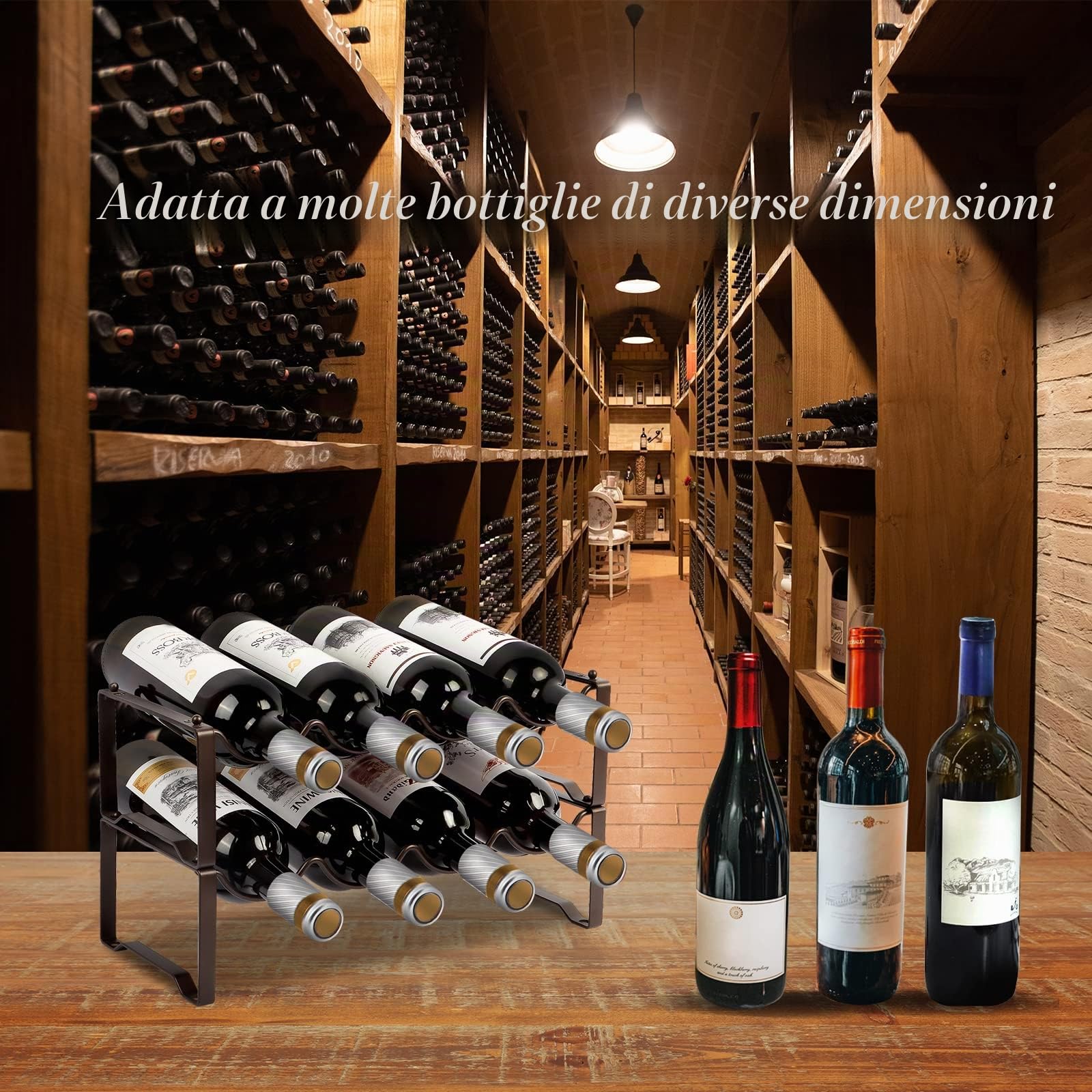 Scaffale per bottiglie in metallo, impilabile, portabottiglie per 8 bottiglie per cantina, bar e magazzino, Wine Rack stabile modulare espansibile per bottiglie e conservazione del vino (2 livelli)