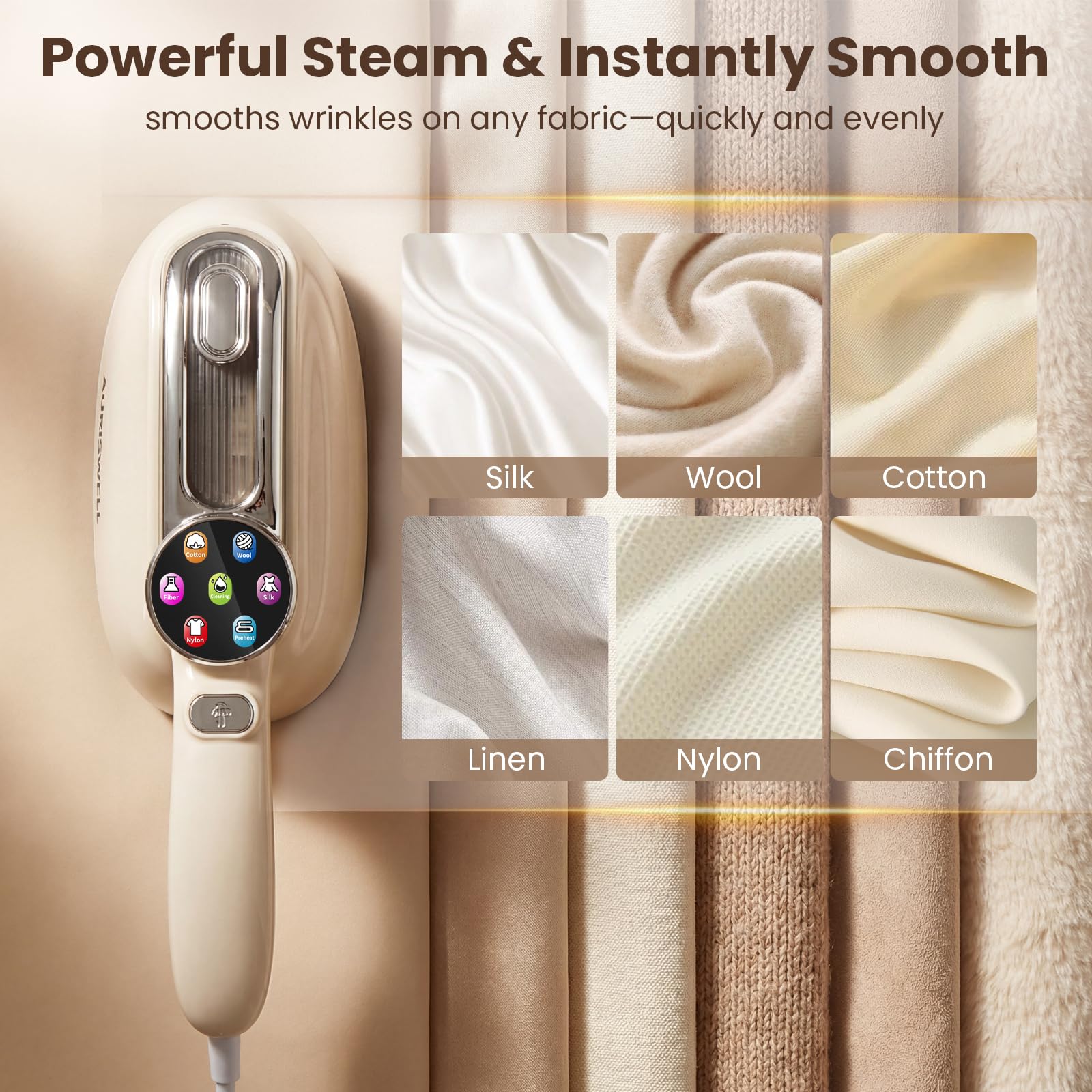 AURISWELL Handheld Steamer for Clothes, 1200W Portable 2-in-1 Garment Steamer & Travel Iron with 7 Modes, 180° Rotatable Handle, Fast 30s Heat-Up, Visual Panel & Self-Clean, 160ml for Home and Travel - 5