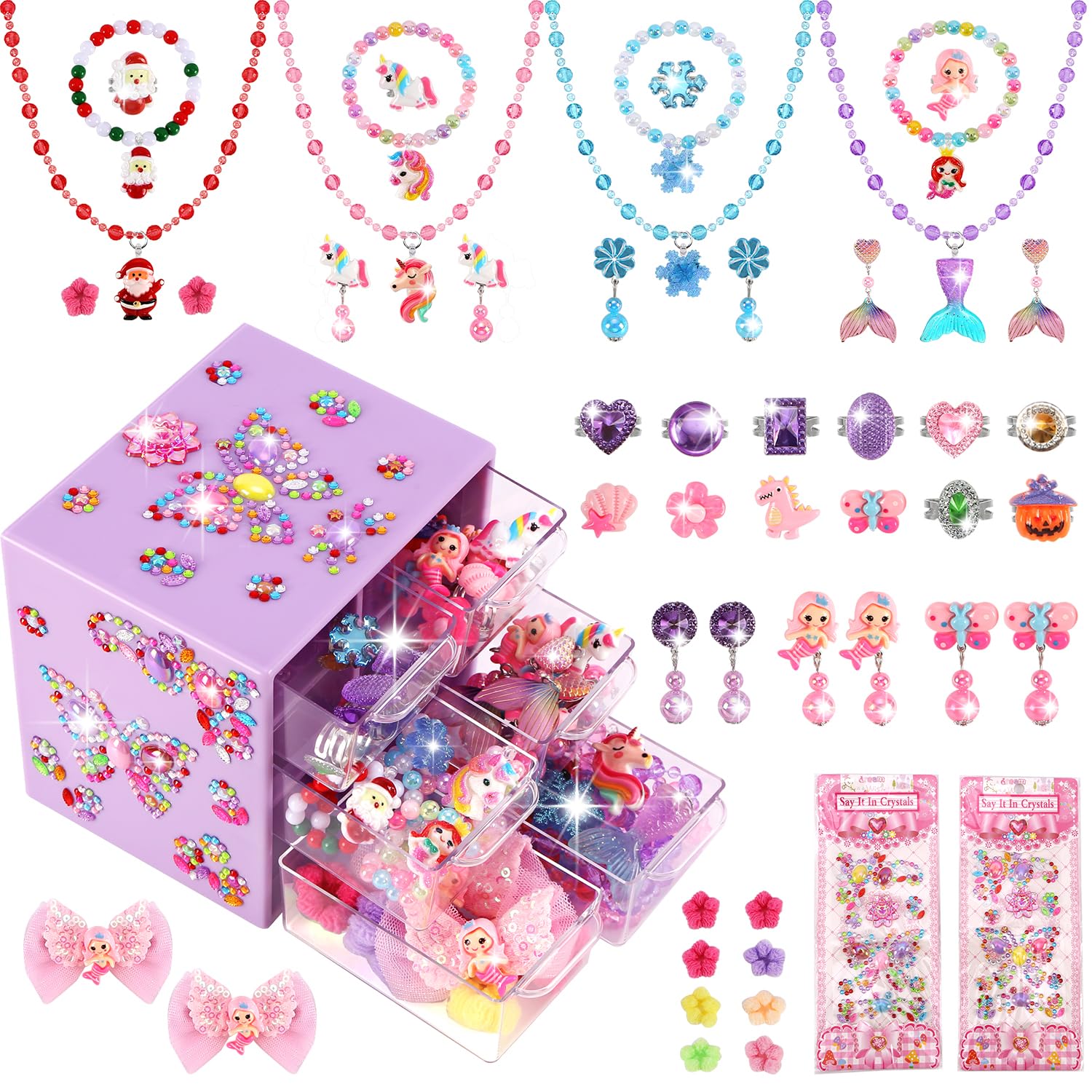 Toddler Toys for Ages 5-7 Girls Jewelry Set,51 Pcs Kids Toys for girls age 8-10 Clip on Earrings,Princess Toys Adjustable Ring,Girls Toys Age 3 4 5 6-8 Year Old Birthday Christmas Gifts Hair Clip