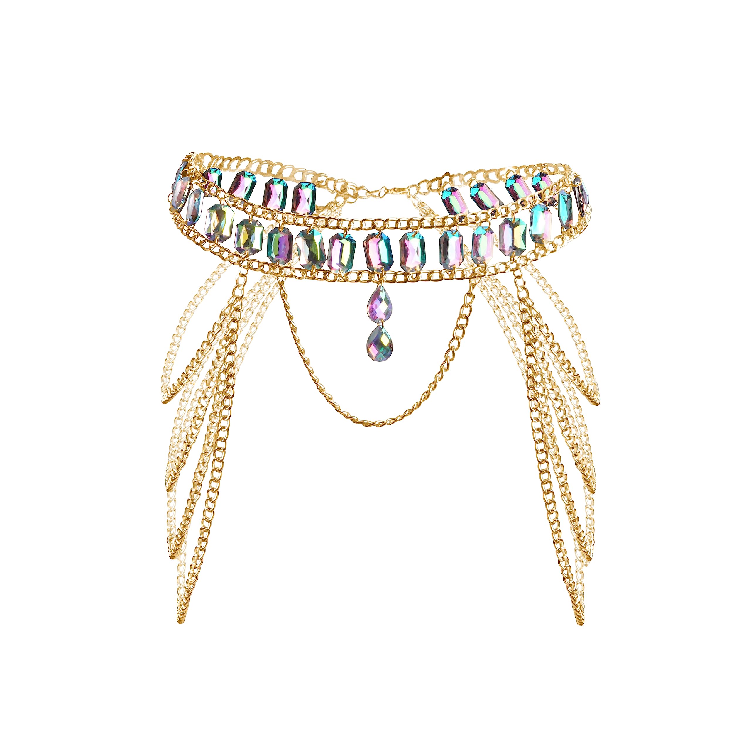 Women's Body Chain Colorful Rhinestone Layered Waist Chain Adjustable Belt Bikini Body Chain (Gold Bottom)