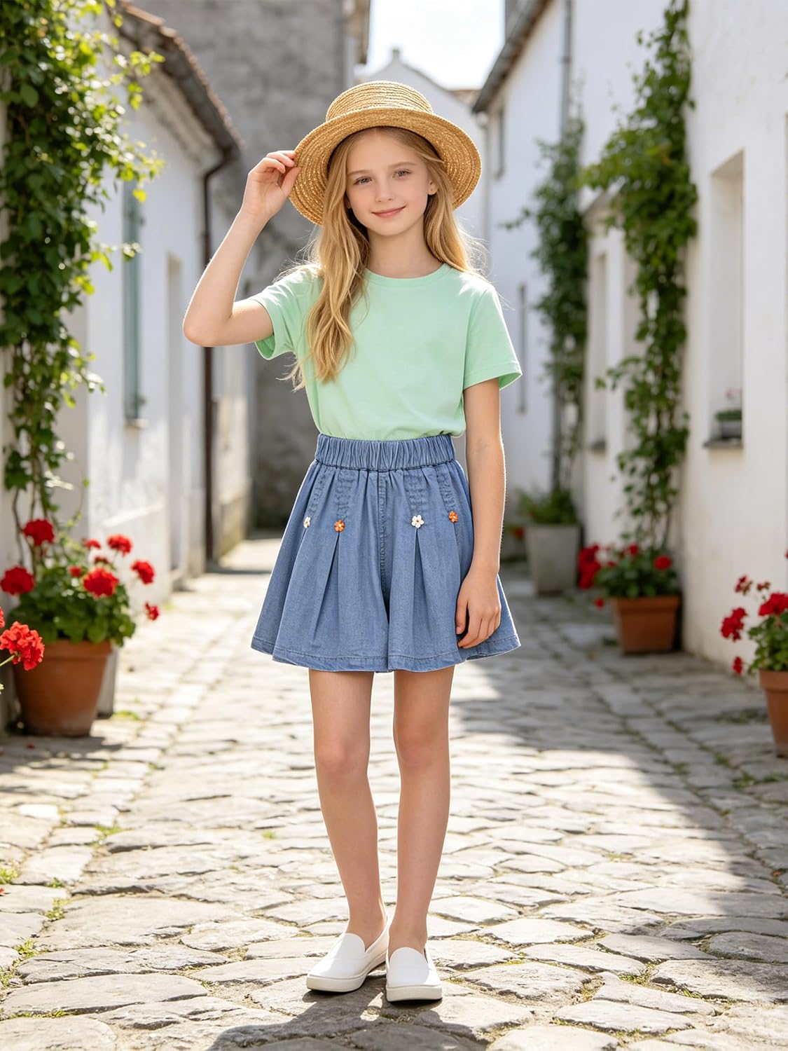 Girls' Shorts Blue Denim Short Elastic Waist,Floral Design,Casual Summer Short