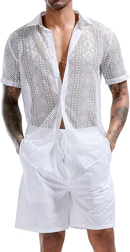 LecGee Conjuntos Casuales de Verano para Hombre con Encaje, Camisa de Manga Corta con Botones, Pantalones Cortos de Cintura Elástica, Conjuntos de 2