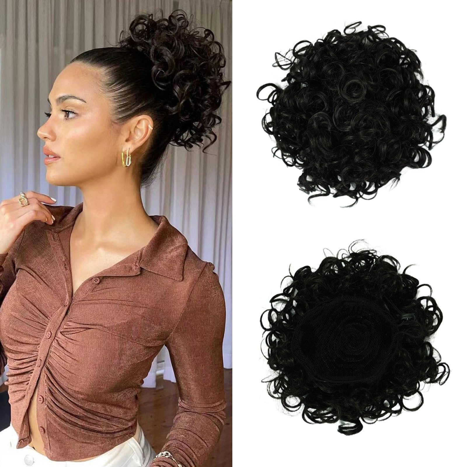 Messy Bun Hair piece for Women Elastic Drawstring Loose Wave Curly Scrunchies Ponytail Extension Synthetic Hair Extensions Hair Bun for Women Daily Use-Black (1B#)