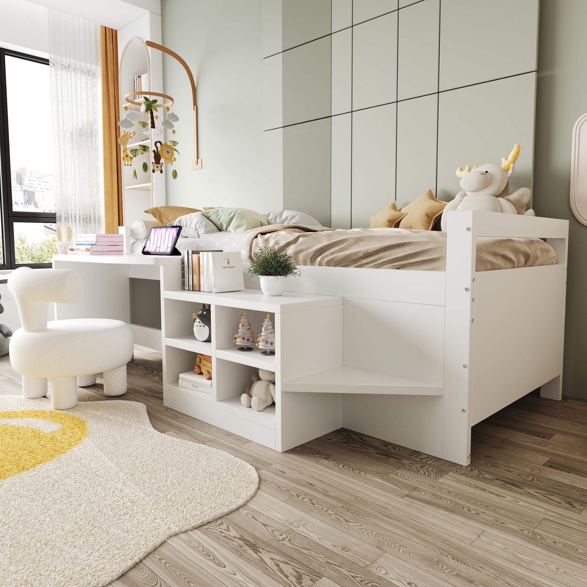 Łóżko piętrowe 90 x 200 cm, łóżko dziecięce z biurkiem i gniazdkami, białe łóżko drewniane ze schowkami, USB i stelażem, pojedyncze łóżko do małych pomieszczeń
