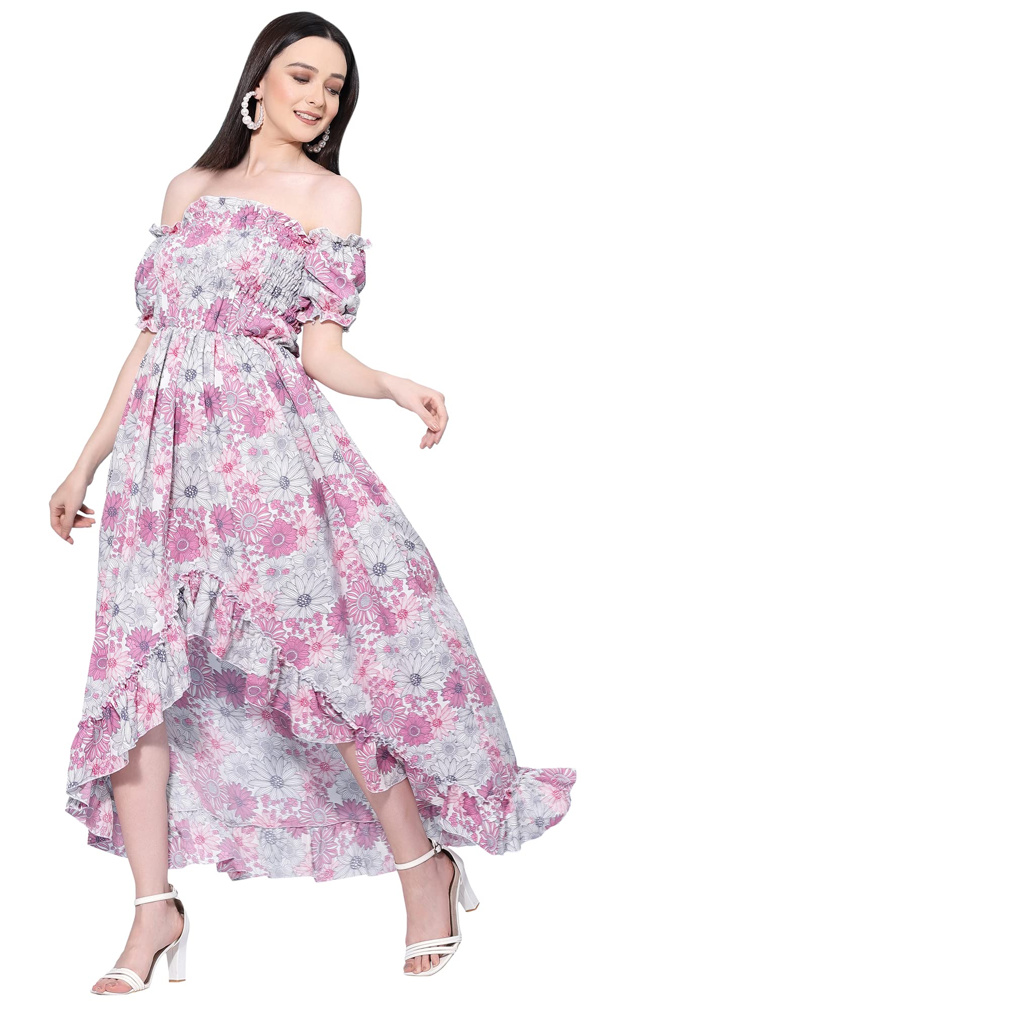 Oomph! Flared Dress For Women Stylish | Long One Piece For Women | Off Shoulder Puff Sleeve Long Dress | Floral Print Maxi One Piece | Western & Fusion Wear Bohemian Style