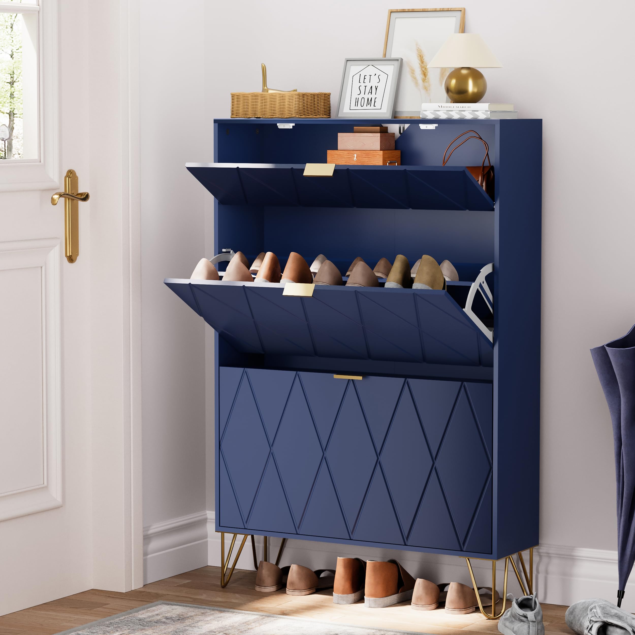 UEV Scarpiera Salvaspazio Slim in Legno Ingegnerizzato, Scarpiera Ingresso da Portascarpe con 3 Ante a Ribalta, Porta Scarpe per 16 Paia, 80 x 24 x 120 cm, Blu