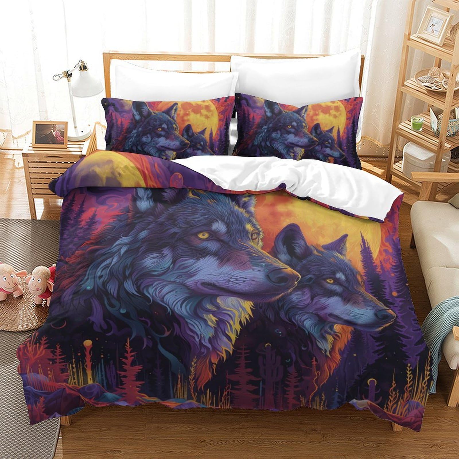Housse de couette loup anti-plis en microfibre douce lit King size