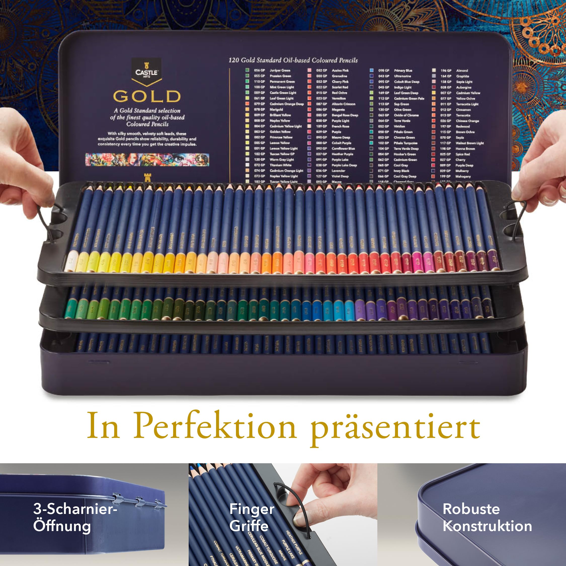 Castle Art Supplies 120 Buntstifte-Set (Gold-Standard) | Hochwertige Farbkerne auf Ölbasis, spitzer & widerstandsfähiger gegen Bruch | Für erfahrene Künstler, Farbkünstler | Präsentationsbox aus Blech