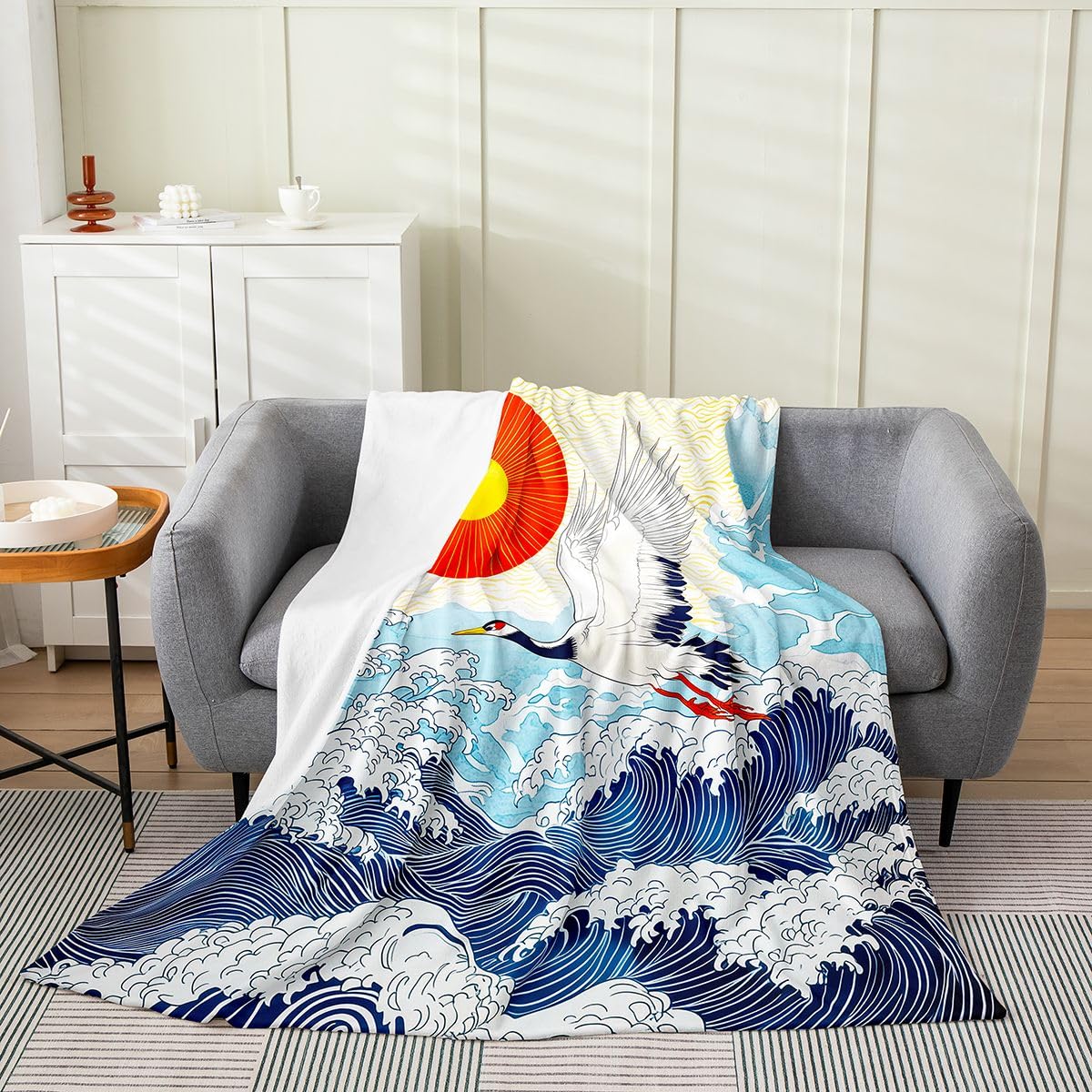 Crane Lightning Fleece Blanket,Ukiyo-e Style Bed Blanket for Adults Teens,Japanese Style Sea Wave Room Decor,Super Soft Bedding Set,40"x50"