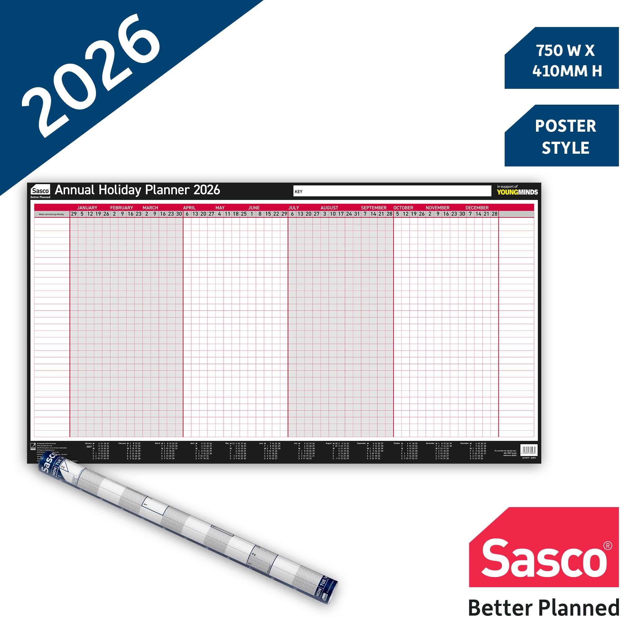 Sasco 2026 Annual Holiday Year Wall Planner 750W x 410Hmm With Wet