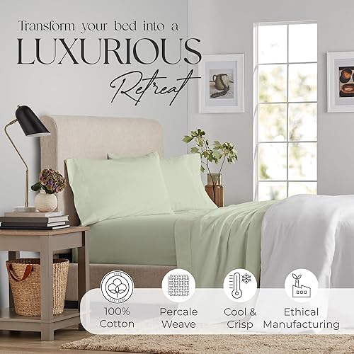 Miniatura 2 de SUPREME ELEGANCE Juego de sábanas tamaño King de percal de 100 % algodón natural, Oeko-tex, fabricado en verde sostenible, sábana de bolsillo