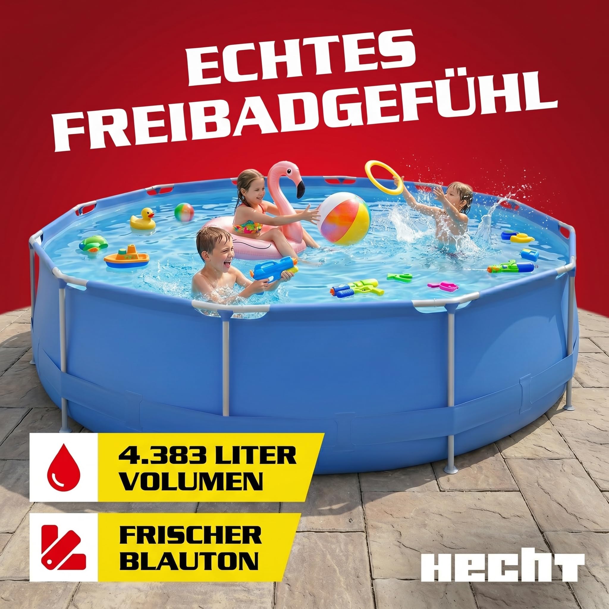 Hecht Stahlrahmen Pool Swimmingpool 360 x 76 cm 300 x 76 cm Familienpool rund Metallrahmen XXL Outdoor Pool 4.383 Liter
