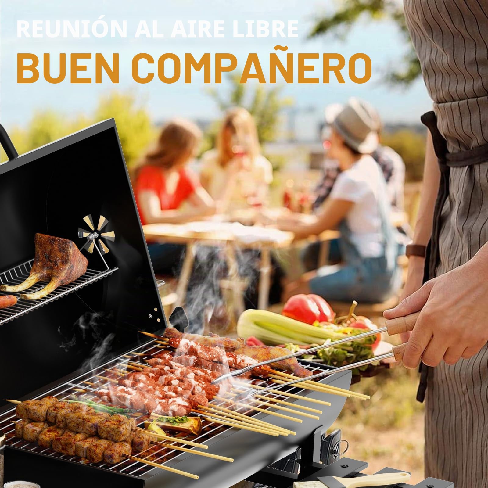 TEENO - Barbacoa grande de carbón de madera XXL, termómetro, cajón de ceniza, guantes antiquemaduras, ventilación ajustable, gran barbacoa de carbón de madera (con tapa de tela)