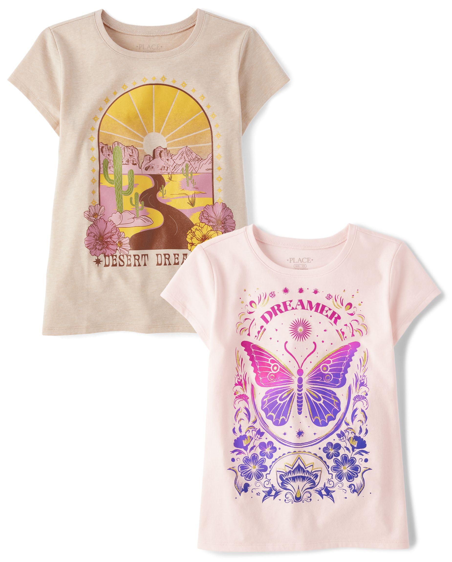 The Children's Place Girls' Assorted Short Sleeve Printed T-Shirts, Multipacks, Dreamer/Desert Dreams 2 Pack, L