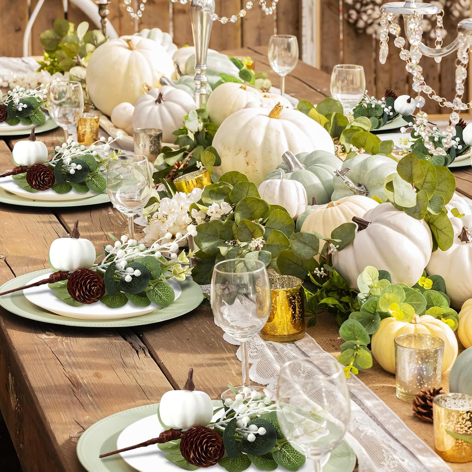 Cindeer 16 Pcs Fall White Pumpkin Picks Artificial Eucalyptus Leaves Stems Pinecones Berries 9 Inch Thanksgiving Day Flower Arrangements for Christmas Wedding Crafts Home Table Centerpiece Decoration