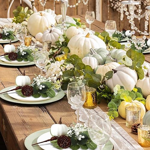 Miniatura 5 de Cindeer 16 piezas de palillos de calabaza blanca de otoño, hojas de eucalipto artificiales, tallos de piñas y bayas de 9 pulgadas, arreglos florales