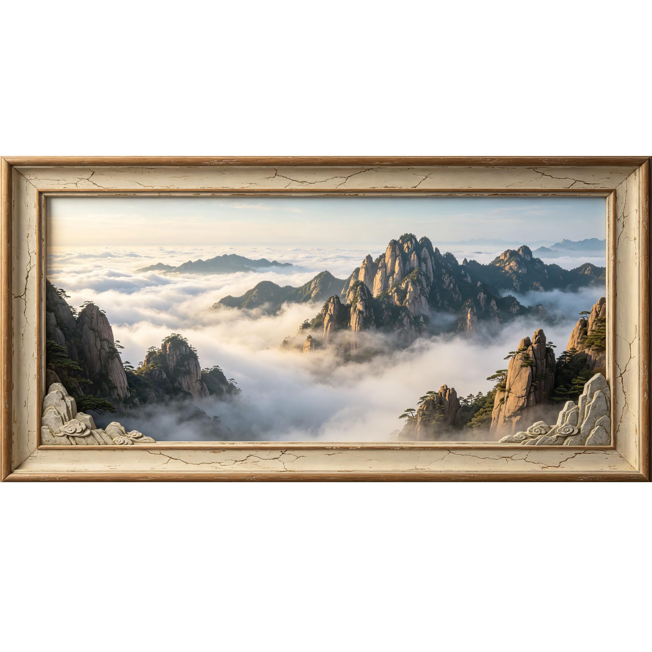 Agglomerix 3D Framed Wall Art Mountain Lake Landscape Trompe l'oeil Clouds Peaks Pine Cliff Large Size SelfAdhesive Removable Wall Decor Prints Artwork for Living Room Bedroom Office