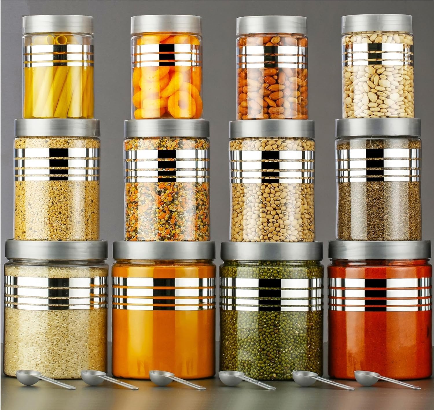 Airtight Container Set with Transparent Lid, Silver Kitchen Storage Dabba Set, Leakproof Food Storage Jars for Grains, Pulses, Spices & Dry Fruits (12)