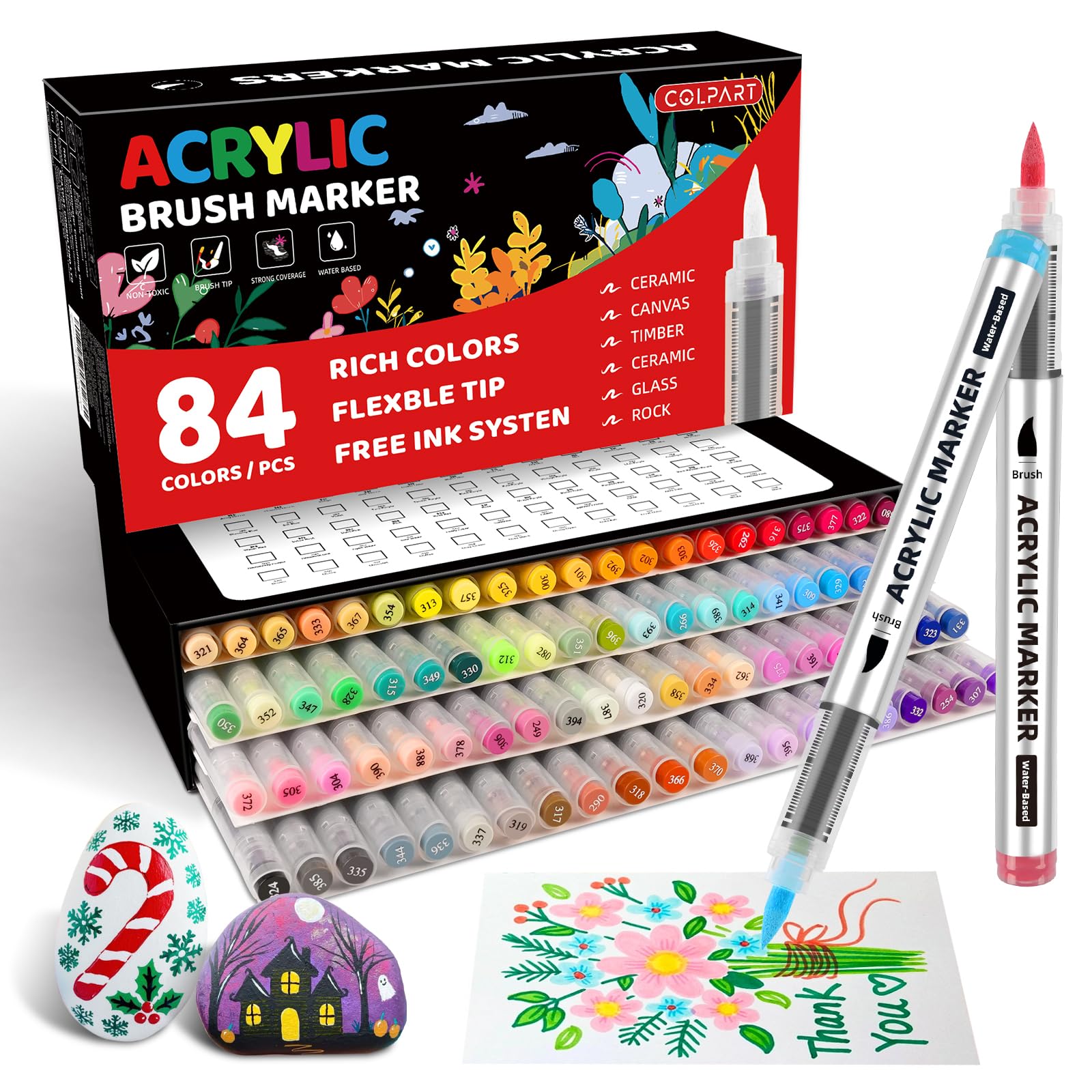 colpart 84 Colors Direct-Flow Acrylic Paint Markers, Waterproof & Quick-Drying, Innovative Ink Control Design, Non-Toxic Acrylic Pens for Rock, Glass, Wood, Ceramic, and Porcelain