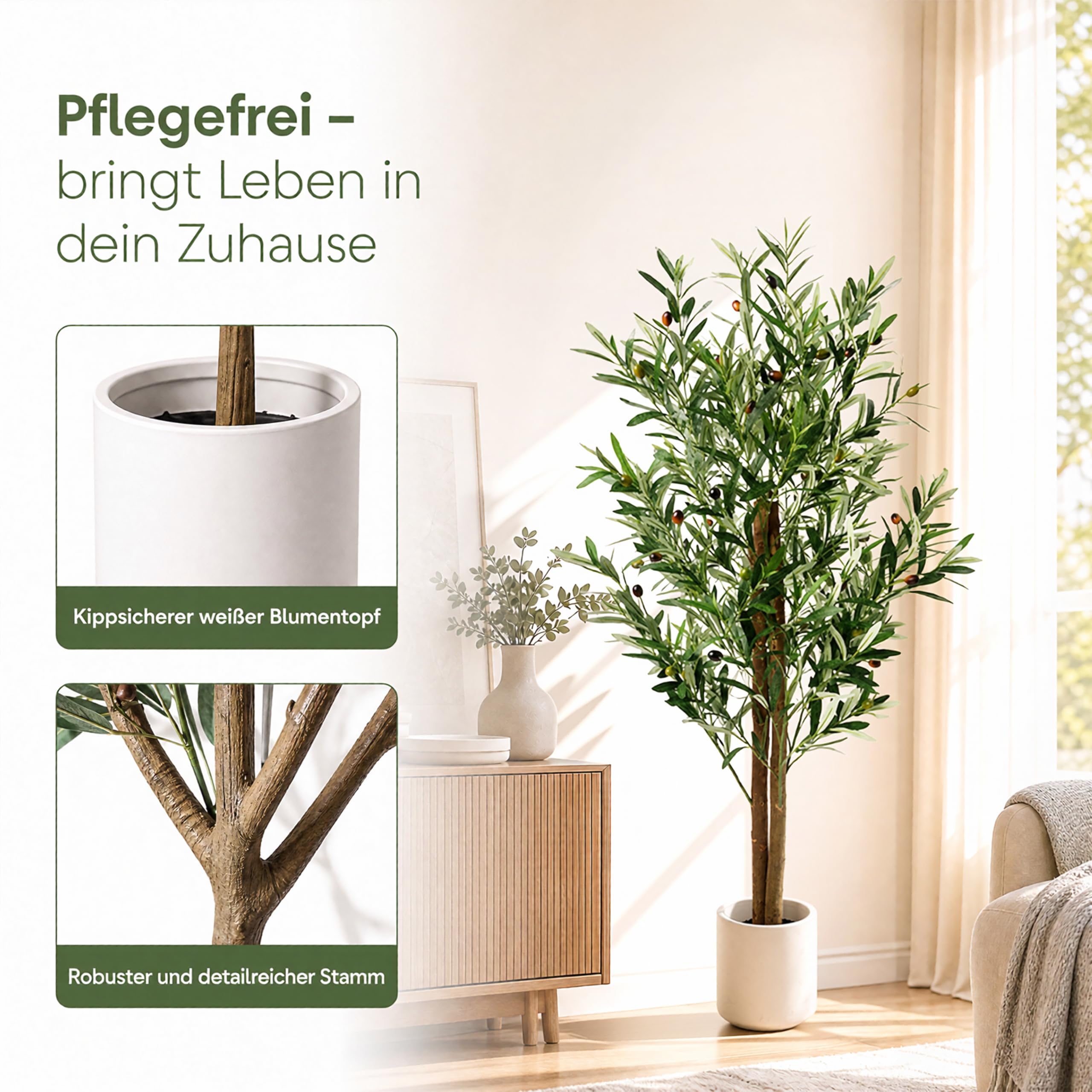 BEAUTYPEAK Künstlicher Olivenbaum 120 cm, Kunstpflanze im weißen Topf | Olive Tree Deko für Wohnzimmer, Büro, Flur und Schlafzimmer, pflegeleicht, Indoor Pflanze mit täuschend echt im Topf