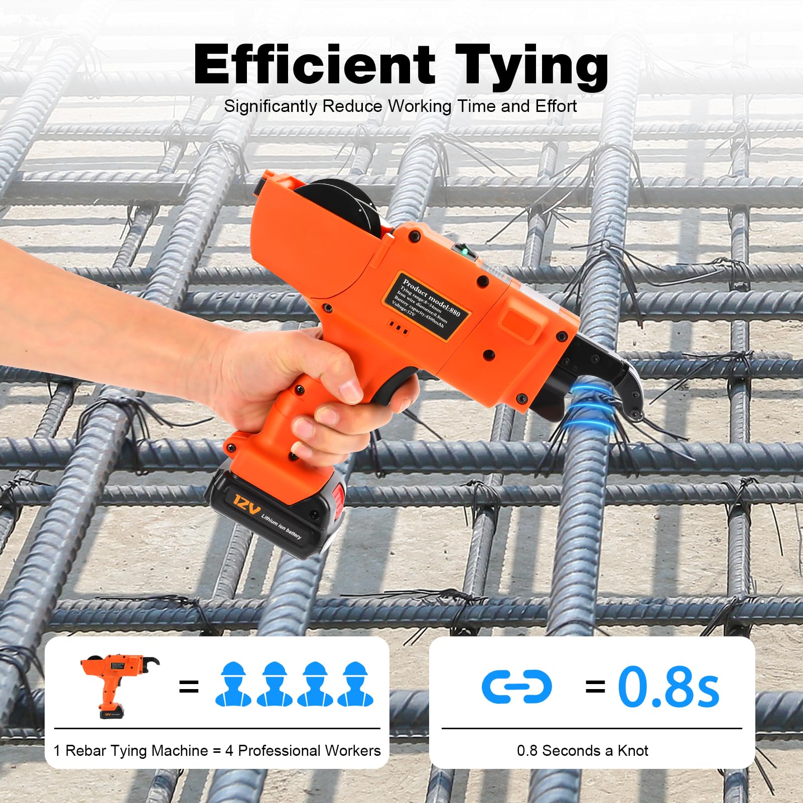 Automatic Electric Tier Tying Machine 0.8s Rebar Tie Gun, Steel Rebar Tying Tool with 8-34mm Range Lightweight, Wire Rebar Binding Machine w/361ft Wire – Orange