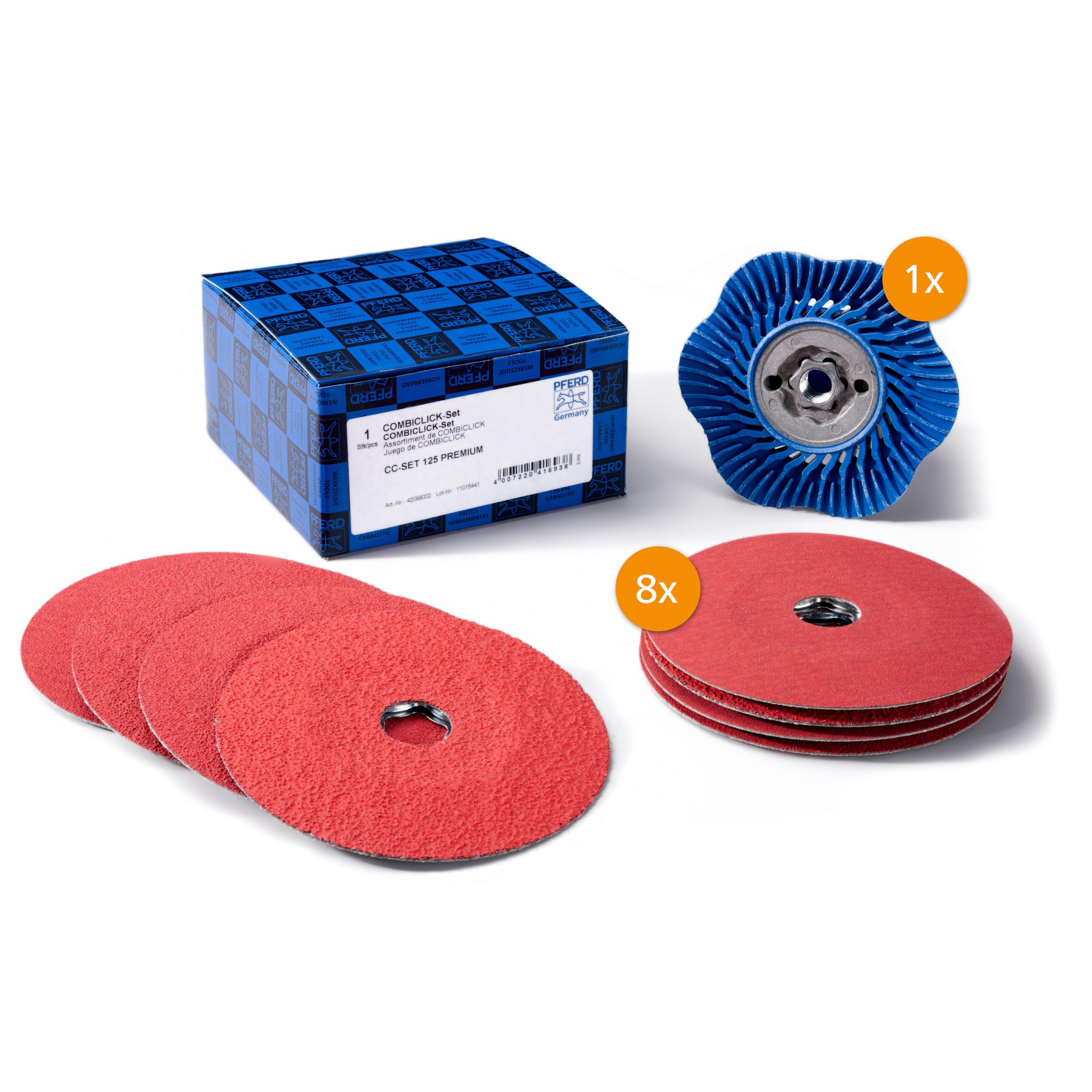PFERD TOOLS COMBICLICK Fiberscheiben-Set, 9-teilig | Keramikkorn Ø 125mm CO-COOL 36, 60, 80, 120 inkl. Stützteller | 42098002 – für kühlen Schliff auf Edelstahl mit dem Winkelschleifer