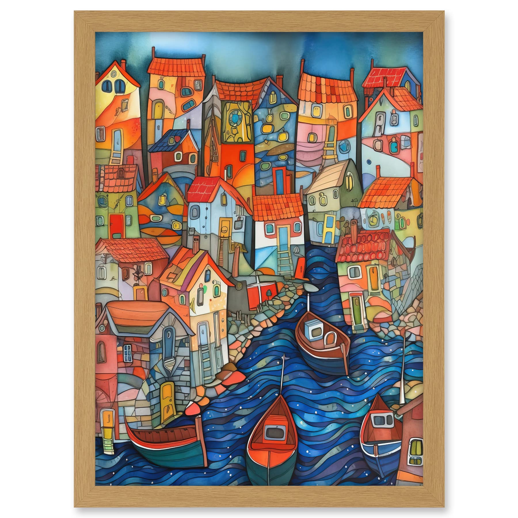 Artery8 Fishing Village Canal Folk Art Watercolour Painting Artwork Framed A3 Wall Art Print