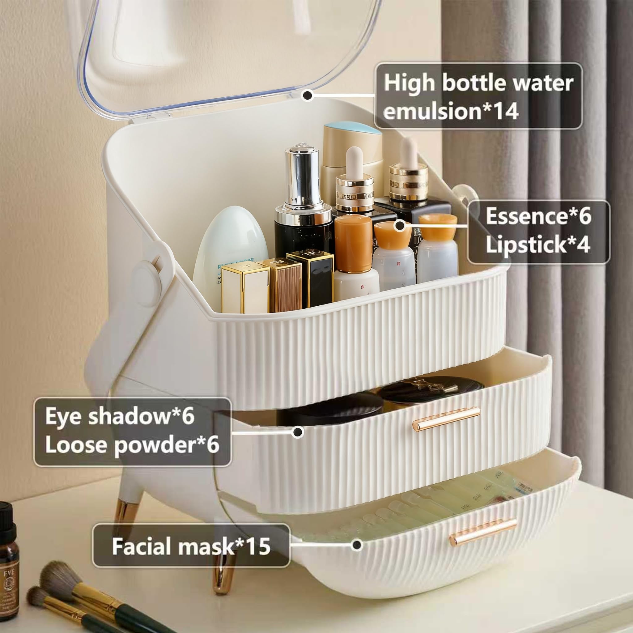 Organizador de maquillaje para tocador, organizadores de cosméticos para el cuidado de la piel con tapa y cajones, vitrinas de cosméticos para encimera de baño, regalo ideal para mujeres (blanco)