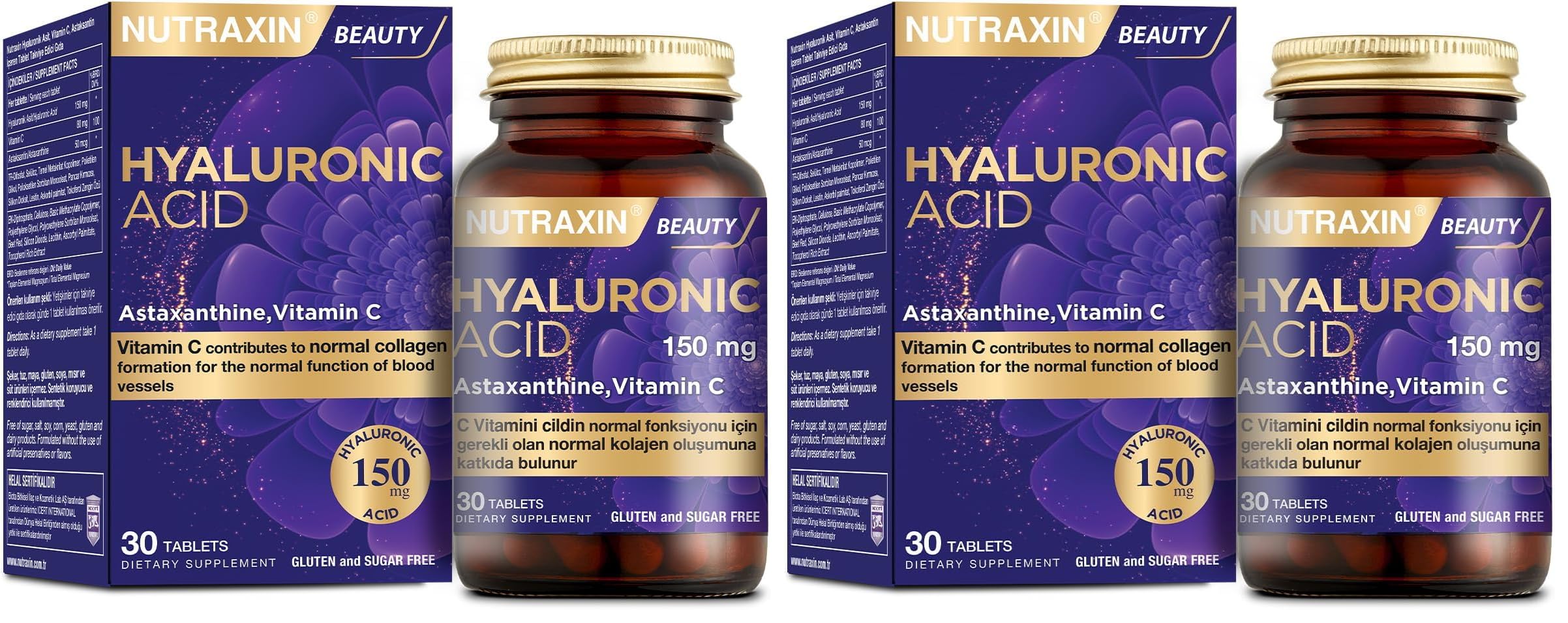 Nutraxin Hyaluronic Acid – Hyalüronik Asit, C Vitamini ve Astaksantin İçeren Cilt Destek Tableti – 30 Tablet – Alerjen İçermez (2 paketi)