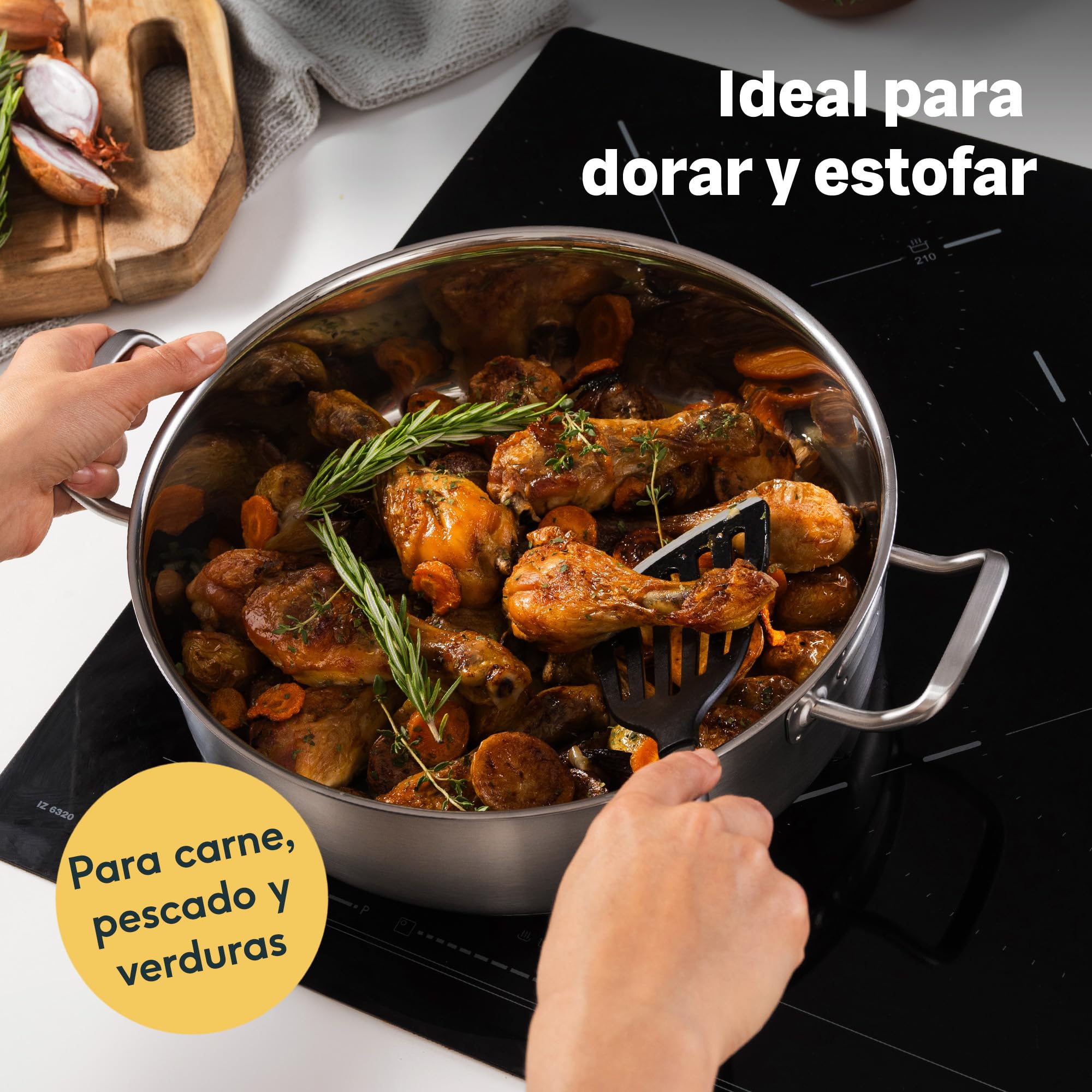 SILBERTHAL Cacerola baja 28 cm inox - Inducción gas y horno, con tapa | Rustidera acero inoxidable sin PFOA y PFOS - Cazuela con tapa de cristal - Sin antiadherente - Gran capacidad